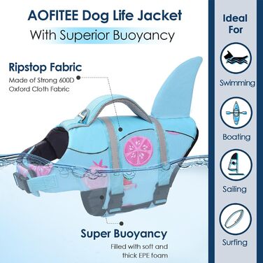Жилет для плавання собак AOFITEE, модель 'Hai', великий розмір, з ручкою для порятунку та світловідбиваючими смугами, блакитний, для собак X-Large