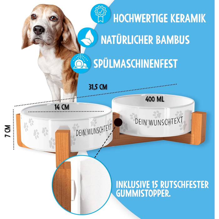 Персоналізована годівниця для собак OWLBOOK з іменем або текстом, подвійний набір мисок з кераміки та бамбуковим каркасом, 300 мл