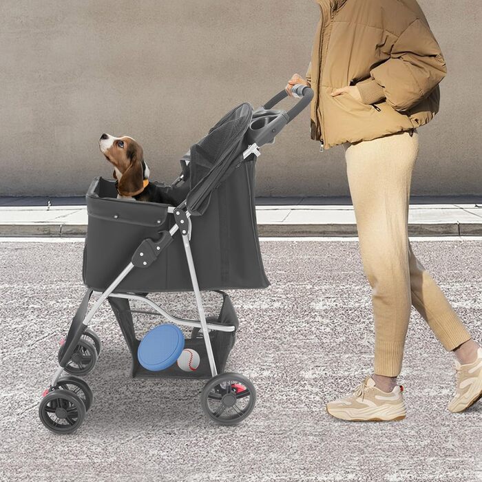 Ківш для собак та котів 2в1, розкладний, до 15 кг, чорний. З відкидним дахом, коліщата, відкидний кошик, сітчасті вікна, тримач для напоїв. Підходить для собак та котів до 16 дюймів.