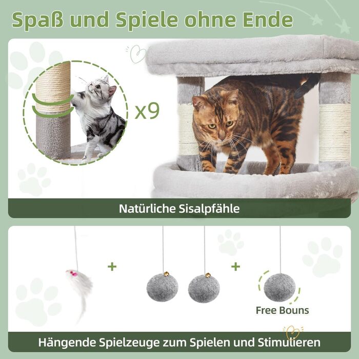 Когтеточка для котів Taoqimiao 180 см XXL, великий котячий комплекс для Maine Coon з будиночком, гамаком, платформами та 9 стійками (світло-сірий)