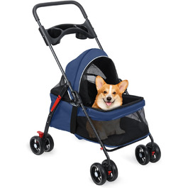 Дитяча коляска для домашніх тварин: маленьких собак та котів, складана переноска з поворотними колесами 360°, подвійна засувка, регульований капюшон 180°, зручна сітка (блакитна)