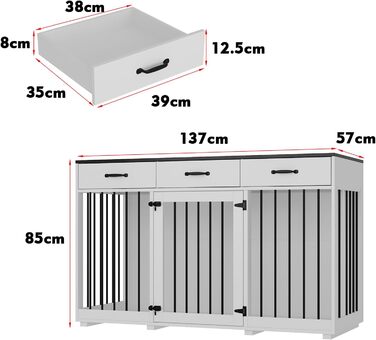 Клітка для собак для дому, металева, XXL, з шухлядами, 137 x 57 x 85 см, чорно-біла