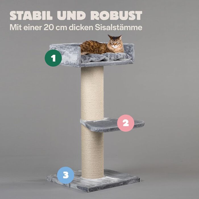 Котячий комплекс для великих котів RHRQuality Maine Coon Lounge, 120 см, товсті сизалеві стовпи 20 см, світло-сірий