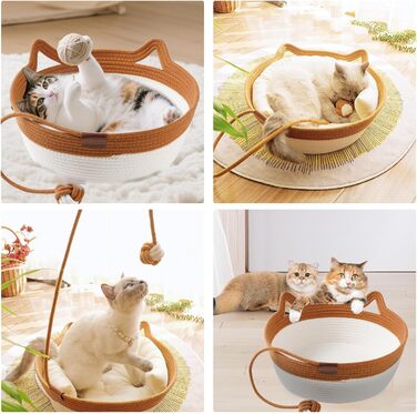 Ручне ткане ліжко для котів Maisly з бавовняного шнура, дихаюче та стійке до подряпин, складане гніздо для котів, універсальний кошик для домашніх тварин з іграшкою для котів та маленьких собак до 10 кг
