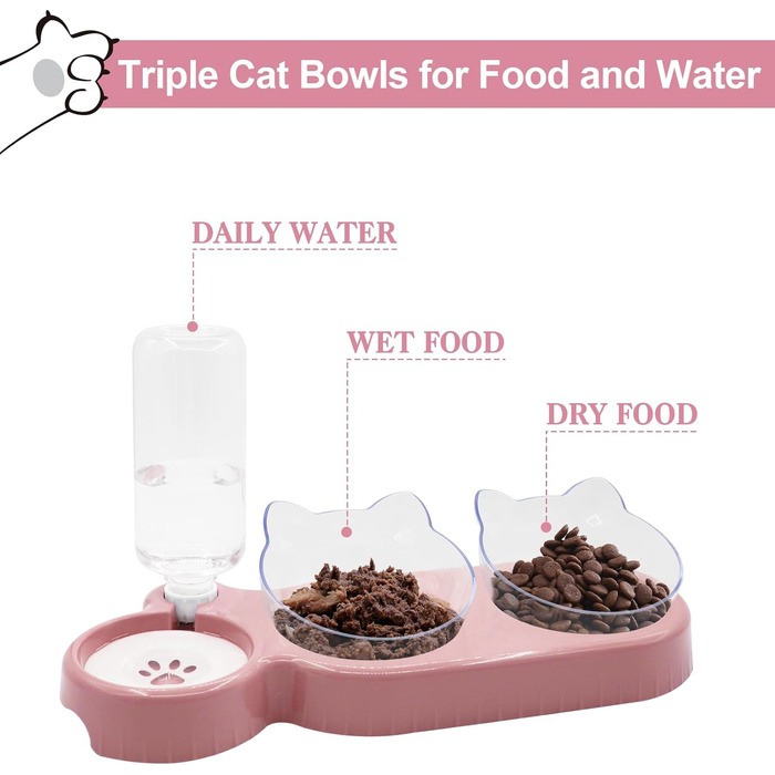 Набір мисок для котів та собак з диспенсером води, килимомком та лопаткою. Нахил 15°, миски для вологого та сухого корму, рожевий колір