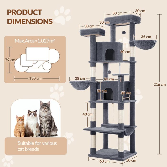 Драбина для котів Kratzbaum Groß 216 см, XXL розмір, стабільна з крізьолунами, 2 затишні будиночки, 2 платформи, 2 кошики, гамак, для дому, FPMS007FG1 (60 x 50 x 216 см, темно-сірий)