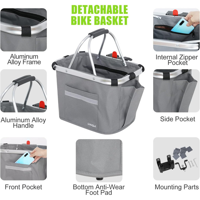 Кошик для велосипеда Lixada, передній, знімний, алюмінієвий, сірий