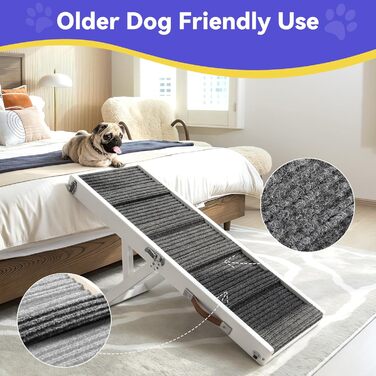 Рампа для собак Pawaboo, дерев'яна сходинка для домашніх тварин, 4 регульовані висоти (13,6'-21'), для маленьких собак та котів, з антиковзним покриттям, (80x30 см, білий)
