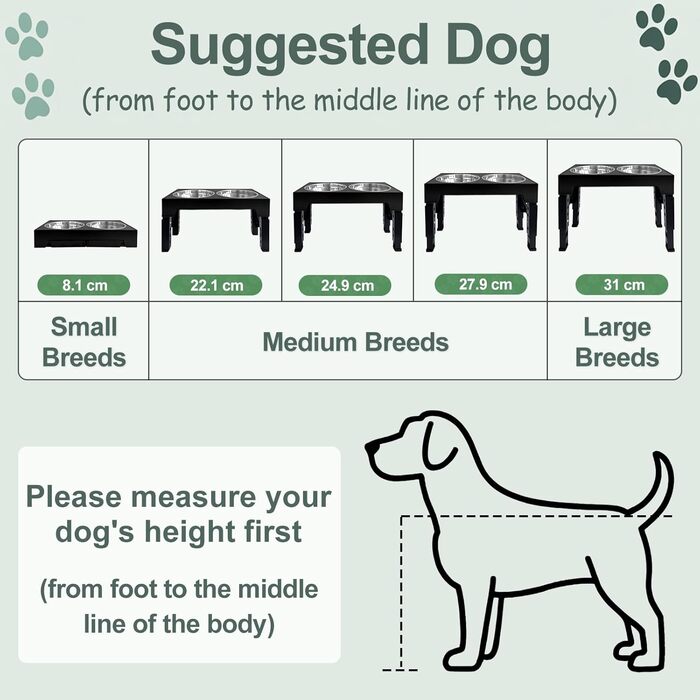 Підвищена годівниця для собак з регулюванням висоти (5 рівнів: 8см, 22см, 25см, 28см, 31см), з 2 мисками з нержавіючої сталі та 1 мискою для повільного годування, для собак маленьких, середніх та великих порід, з неслизьким дном, з BPA-free пластику, чорн