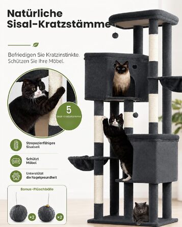 Комплексний котячий будинок Kratzbaum XL 170 см з сірим покриттям: ігровий комплекс для великих котів з дряпаками, будиночком, гамаком та м'ячиками
