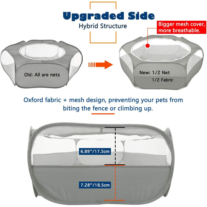 Клітка-манеж для дрібних тварин VavoPaw, сіра: для кошенят, цуценят, кроликів, хом'яків. Атмосвітлива сітка, водонепроникний матеріал, легко складається