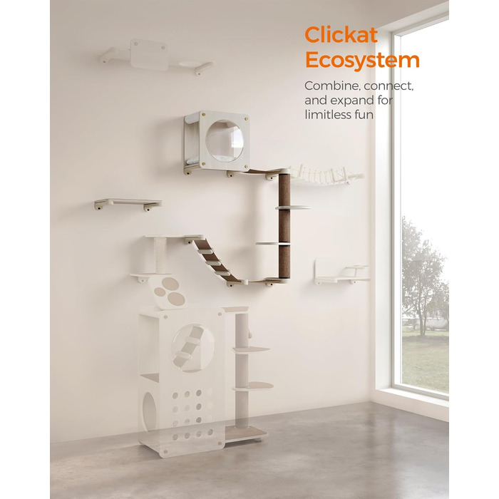 Feandrea Clickat Collection - Драбина-подряпування для котів, 100 см, товста, настінна, з 2 стійками, діаметр 10,4 см, швидка збірка, розширювана, (XXL набір меблів для котів на стіні)