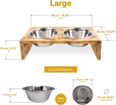 Диспенсер для корму для собак RF-Deer з дерева з 2 нержавіючими мисками, піднятий годівниця для собак, миска для котів, миска для собак, бар для собак, годівниця для котів, легко миється, 48x26x13 см, великий