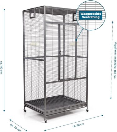 Преміальний вольєр Montana Cages New Sydney для хвилястих папуг і маленьких папугаїв, 90x70x180 см, 2 годівниці, 4 коліщата, порошкове покриття AVILON, антикварна версія