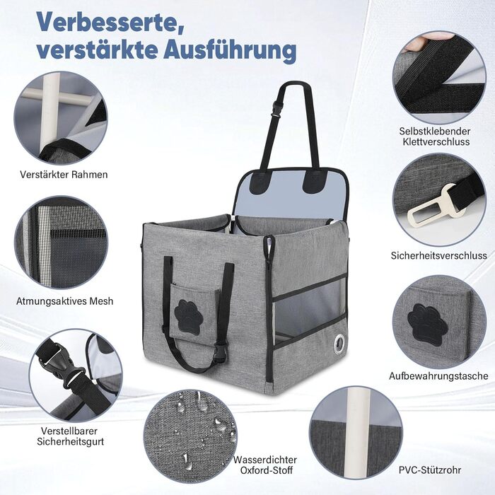 Автокрісло для собак 44x40x40 см – міцне автокрісло з ременем безпеки та сіткою – складний собачий кошик для заднього сидіння авто для маленьких та середніх собак, водонепроникне та зручне