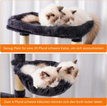 Дерев'яний котячий комплекс Heybly 173 см, 16 стовпчиків, 2 платформи, 2 кошики, гамак, будиночок, іграшки, багатоярусний когтеточка, димчасто-сірий
