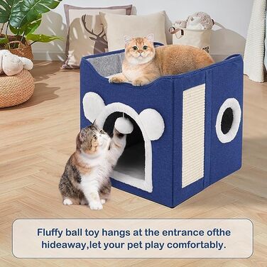 Кіт-будинок складний великий для котів та маленьких собак з когтеточкою та пухнастою кулькою, блакитний