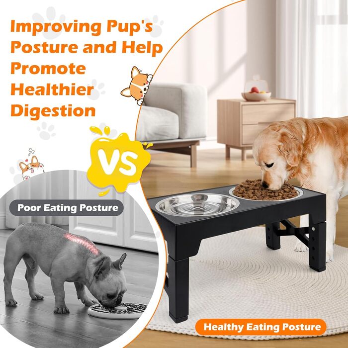 Підвищена годівниця для собак та котів, регульована висота, з нержавіючої сталі, 2 миски, чорна