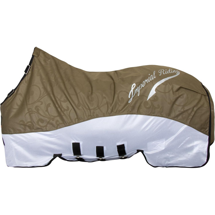 Комбінована попона для коней Imperial Riding Super-Dry 2-в-1: водовідштовхуюча накидка та захист від комах (сітка), з клапаном на животі, оливковий колір, розмір 135