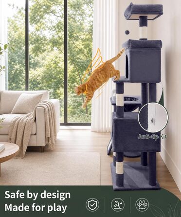 Комплекс для котів Kratzbaum XL 173 см, сірий: кігтеточка, будиночки, майданчики, кошик