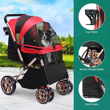 Візок для собак YITAHOME, червоний, для маленьких собак, з обертовим ручками, сітковими вікнами та гальмами