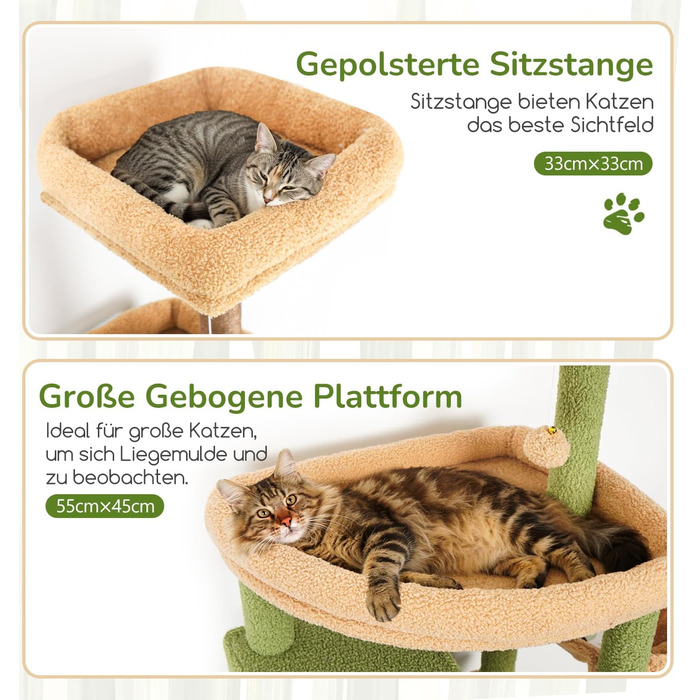 Комплекс для котів Globlazer XXL (203 см) для 4-6 великих котів, з 3 будиночками, платформами, кошиком та іграшками, стійкий, зелений