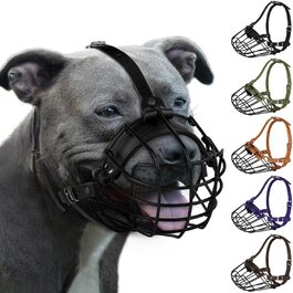 Дротяний намордник для собак Pitbull, дихаючий, металевий, для великих порід (Амстафф, Стаффордширський тер'єр), регульований, міцний, з шкіряними ременями, захист від укусу, жування та гавкання, чорний
