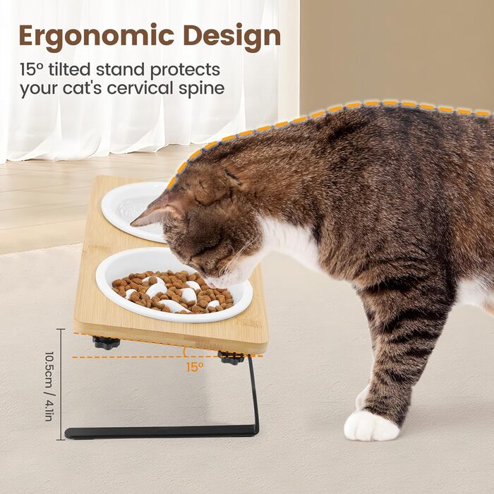 Набір мисок для котів PETTOM Anti-Schling з кераміки: піднята миска з нахилом 15°, бамбукова підставка, протиковзаюча, для вологого та сухого корму