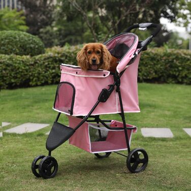 Дитяча візок для тварин, складний, для котів/собак, з кошиком для зберігання та тримачем для напоїв, 3 колеса, для собак та котів, для маленьких або середніх собак, котів, цуценят (Рожевий)