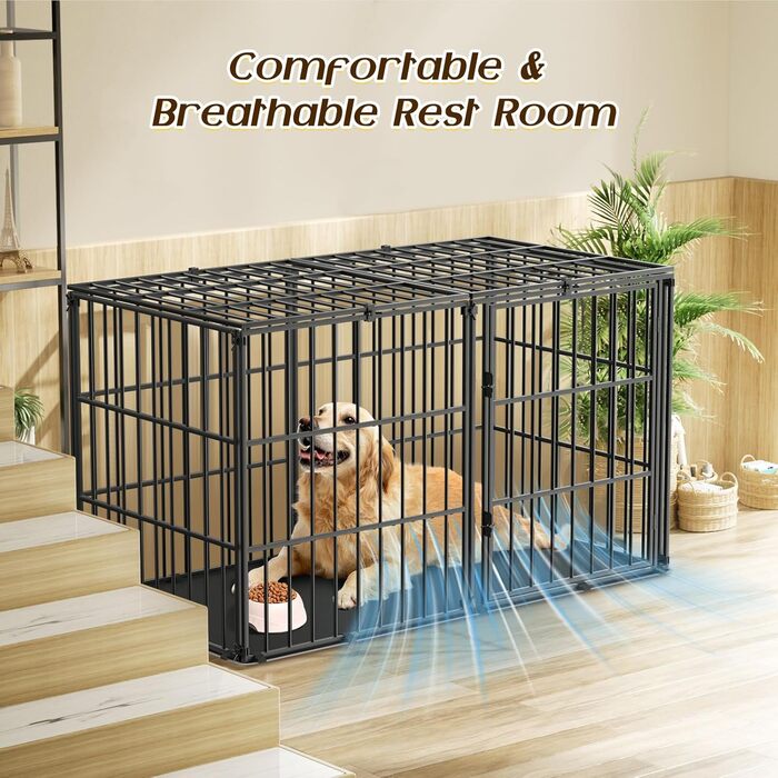 Міцний собачий переносний клітка Pawaboo 56 дюймів: надійний, з килимком, антивандальний, з металевим вольєром та замком, чорний