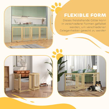 PawHut Barrier Dog Freestanding, 200 см, Ворота для собак Складні з дверима, Дерево, Натуральне Дерево
