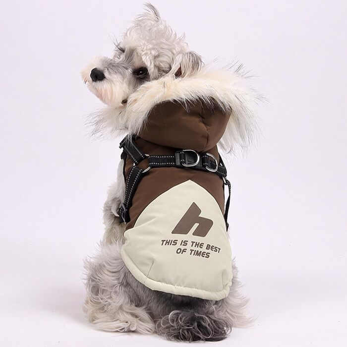 Водонепроникний жилет для собак з капюшоном, теплий жилет з шлейкою для собак, теплий та м'який, коричневий, S-3XL