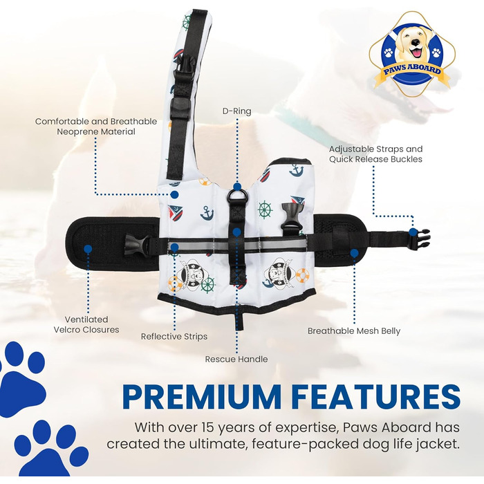 Жилет для плавання собак Paws Aboard – регульований, світловідбиваючий, зручний, різні кольори та розміри XXS-XL