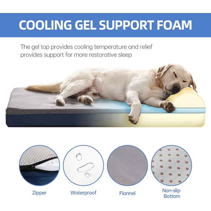 Ортопедичне ліжко для собак, велике з подушкою, товстий гель-піна Memory Foam, фланель, зносостійке, водонепроникне покриття, знімний, пральний чохол, антиковзаюча основа, розмір 132 x 91 x 20 см, блакитне