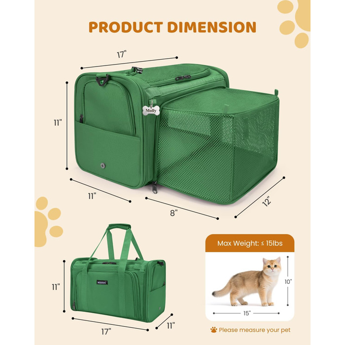 Трансформер для котів MIDOG: м'яка переноска з TSA-сертифікацією, для подорожей літаком, під сидіння, з розширеним простором та надійними застібками. Оливковий/Листяний колір