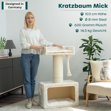 Котячий дряпак HAPPYPET Mick 103 см, преміум, для великих котів, 600г плюш, товстий стовп 18 см, велика лежанка, для мейн-кунів, колір капучино