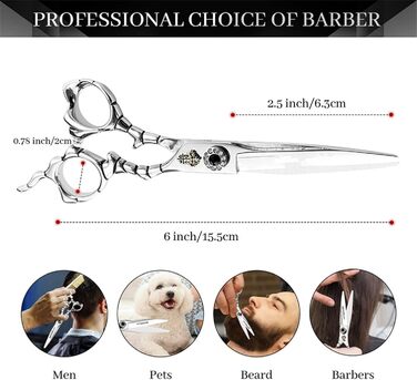 Набір ножиць для грумінгу собак 6 дюймів: прямі та розріджуючі ножиці для професійного догляду за шерстю. З регульованим гвинтом та візерунками. Срібний колір.