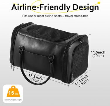 Сумка-переноска для тварин Johomviin з натуральної шкіри для собак та котів до 6,8 кг, схвалена авіакомпаніями, чорна