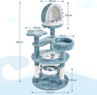 Котячий комплекс Yaheetech Meer Kratzbaum, великий, сучасний дизайн 'Океан', з гамаком та мотузкою з сизалю, 115 см, блакитно-білий