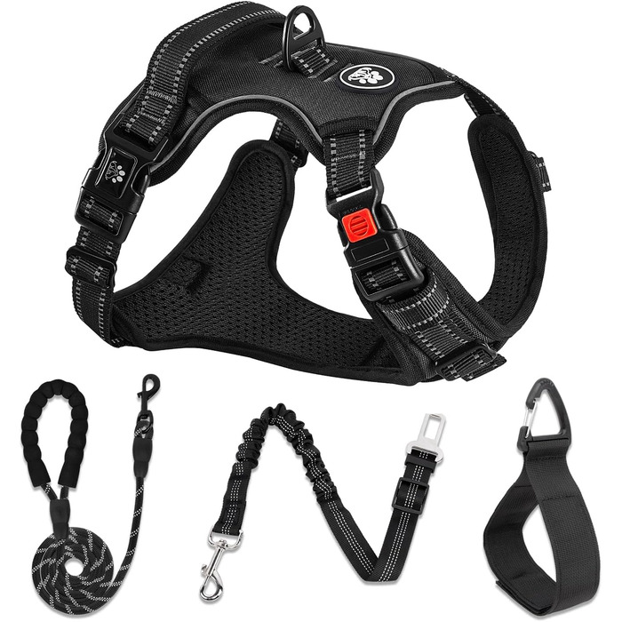 Нашийник для собак великих порід NESTROAD, поводок та ремінь безпеки для авто, чорний, розмір L (обхват шиї 38-48 см, обхват грудей 48-74 см)
