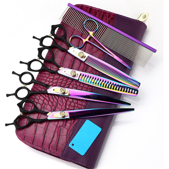 Набір ножиць для собак 7 в 1: прямі та вигнуті ножиці, ножиці для фінальної обрізки, ергономічні ручки. Ідеально для грумінгу та догляду за шерстю вашого улюбленця.