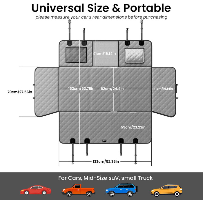 Плед для собак у машину Pecute з жорсткою основою, 133*62 см, сірий. Захист сидіння, антиковзаюча поверхня, до 150 кг. 3-в-1: збільшення сидіння, чохол, сітка для собак. Водонепроникний, антицарапин, текстура софи.