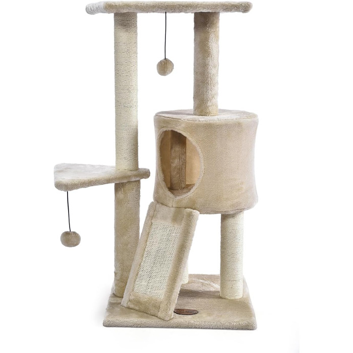 Дряпалка для котів PATAM з натурального сизалю, з котячою печерою та рампою, посилена основа, легка збірка - висота 83,5 см, іграшки Беж (Беж)