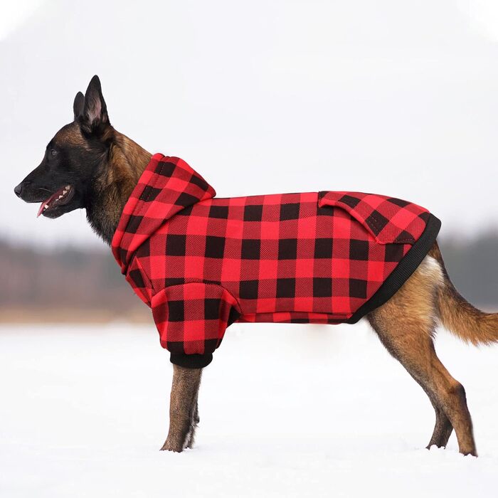 Пуловер для собак, червоний, в клітинку Buffalo Plaid, теплий та м'який, дихаючий, зручний, з капюшоном, для великих собак, з кишенею (XXL)