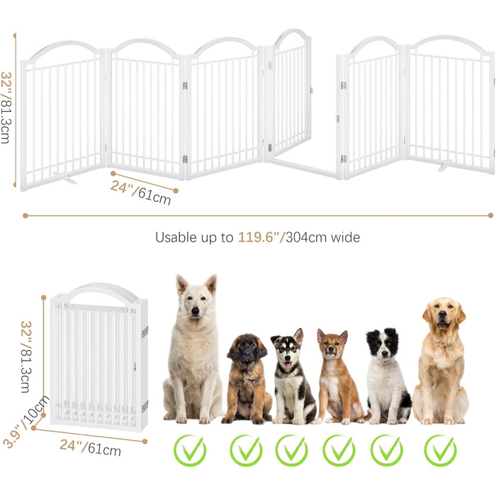 Металеве вольєр для собак BHG, без монтажу, з дверцятами, 304,8 x 81,3 см, аккордеон, білий, 5 панелей