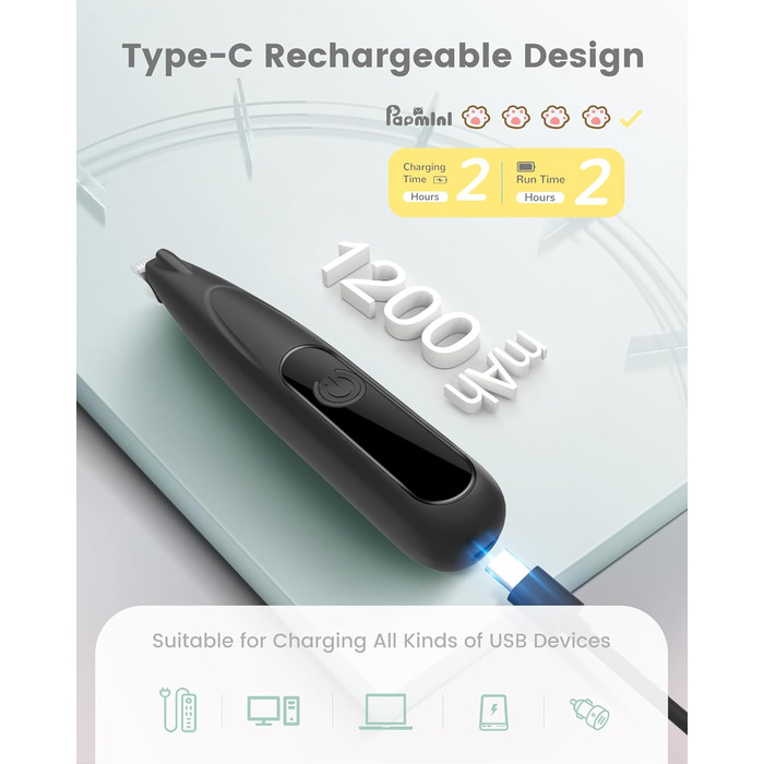 PAPMINI Безшумна машинка для стрижки котів з LED дисплеєм, Type-C, акумулятор, машинка для стрижки котів, бездротова кусачка для кігтів, професійна машинка для стрижки лап, вух, обличчя, спини, чорна