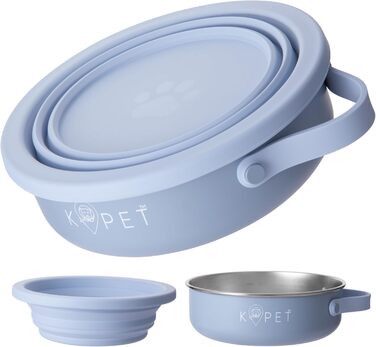 KPET® 2-в-1 складана годівниця для собак, 900 мл: миска для їжі та води, нержавіюча сталь, силікон, антиковзаюча, для подорожей