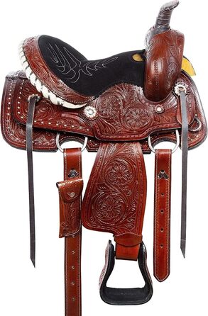 Вестерн-сідло Barrel Racer з тисненням для шоу, прогулянок і трейл-райдингу, шкіра, розмір для коня і поні, сидіння 25,4-45,7 см