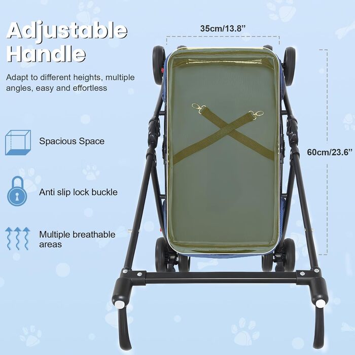 Складана візок для тварин до 10 кг з амортизаторами 360° та сонцезахистом - Легкий вигулювач для котів/маленьких собак (Чорний/Синій)