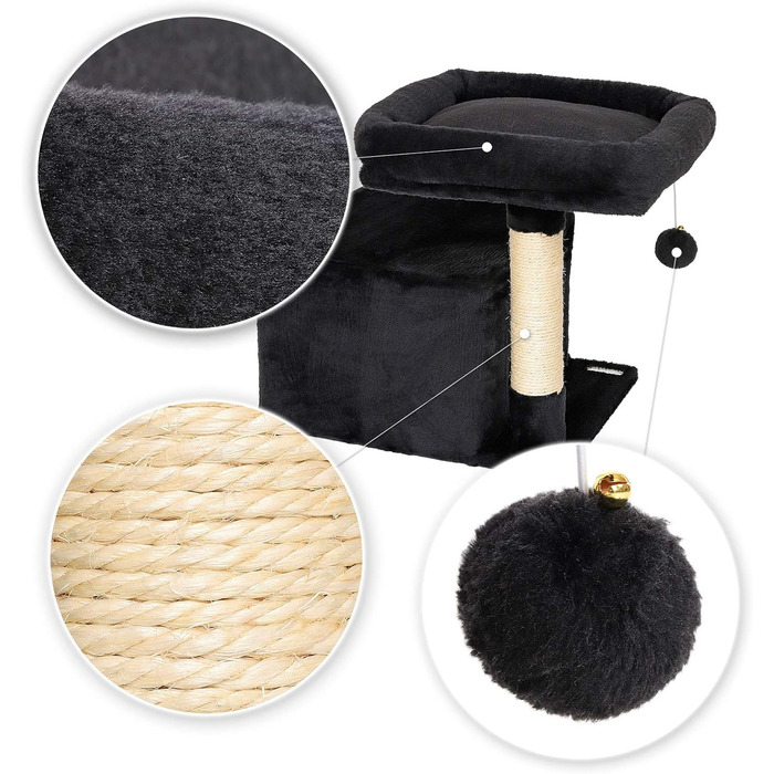 Дряпка для котів Lionto з лежаком та печерею, 50 см, з м'ячиком та дзвіночком, мотузкою з сизалю та плюшем, підходить для котів будь-якого розміру (Чорний)